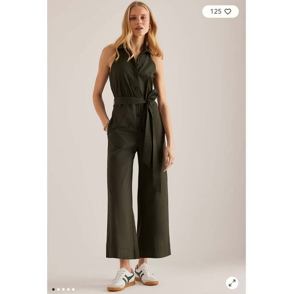 NWT Maeve Anthropologie Cropped Halter Jumpsuit Size 8 Green Wide Leg